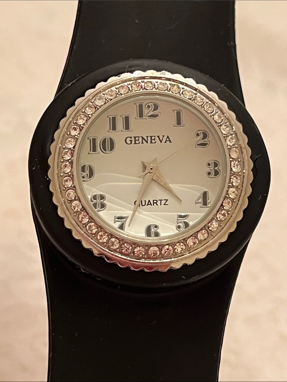 Geneva Black Silicone  Slap Watch with Crystal Bezel